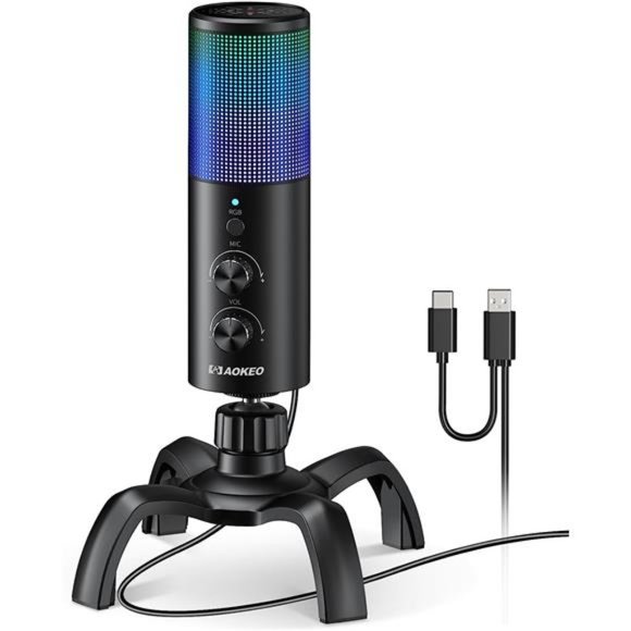 USB Gaming Microphone, PC Computer Condenser Mic with Gain,RGB Light